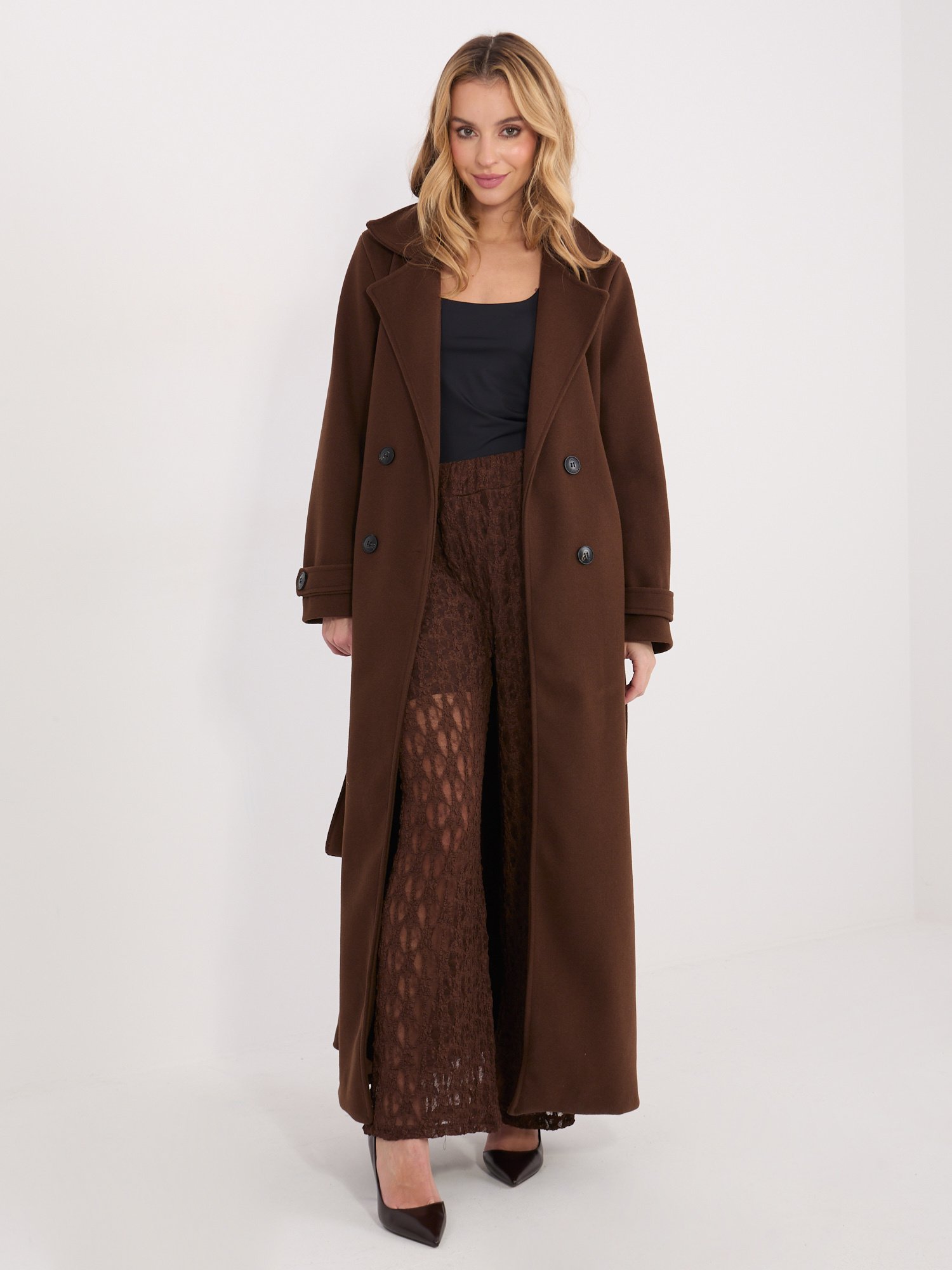 Nėriniuotos plačios kelnės aukštu liemeniu "ANABELE" ruda - Image 5