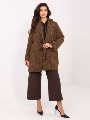 Tekstūrinio audinio paltas puoštas gėlių formos sagomis "CELESTA" ruda