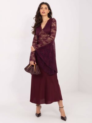 Alternative view of Nėrinių palaidinė su platėjančiomis rankovėmis "URSINA" bordo