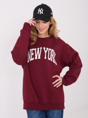 Oversize stiliaus džemperis su užrašu "NEW YORK" bordo