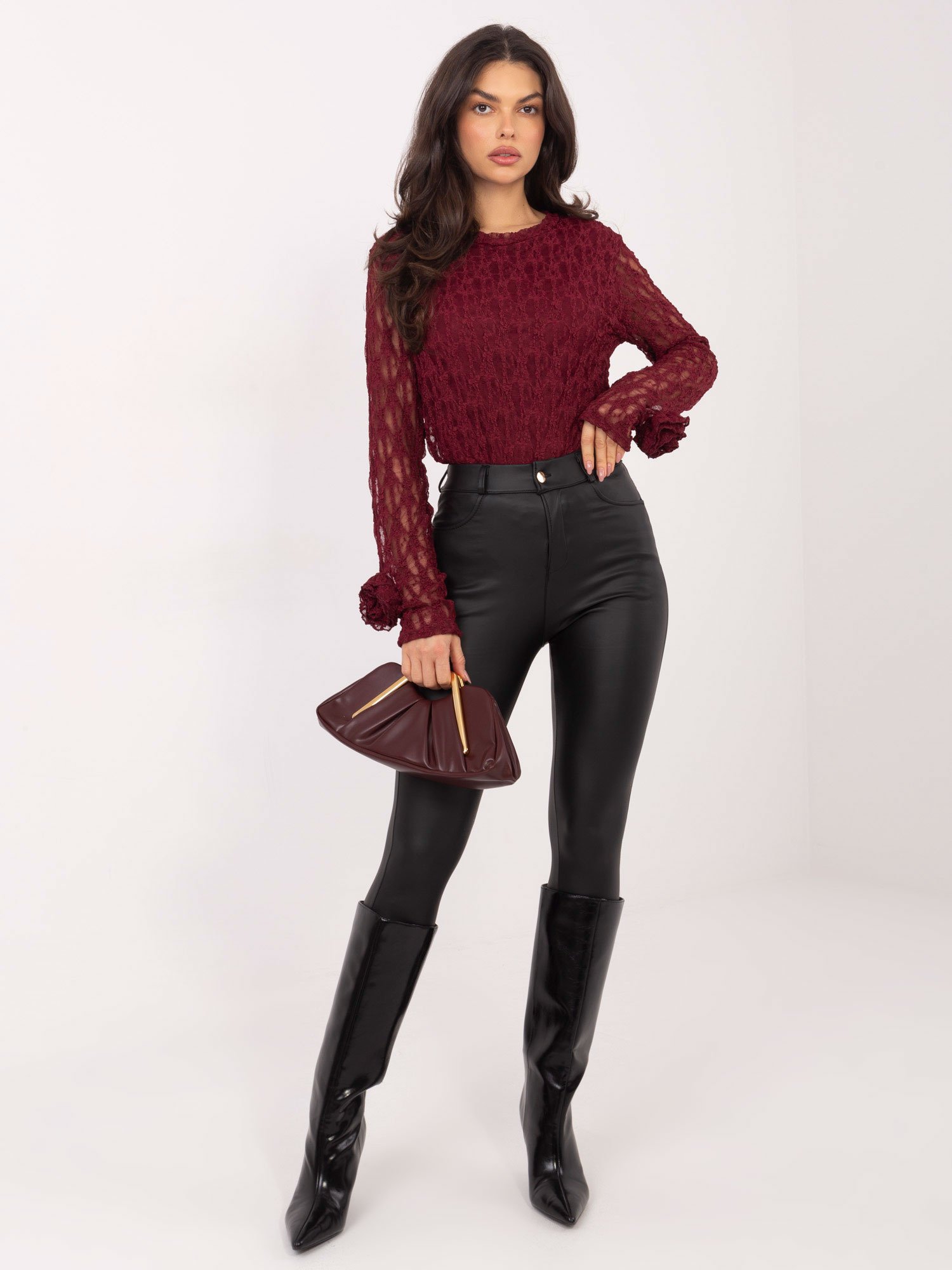 Puošni nėrinių palaidinė su dekoratyviomis gėlėmis ant rankogalių "ANDREA" bordo - Image 5