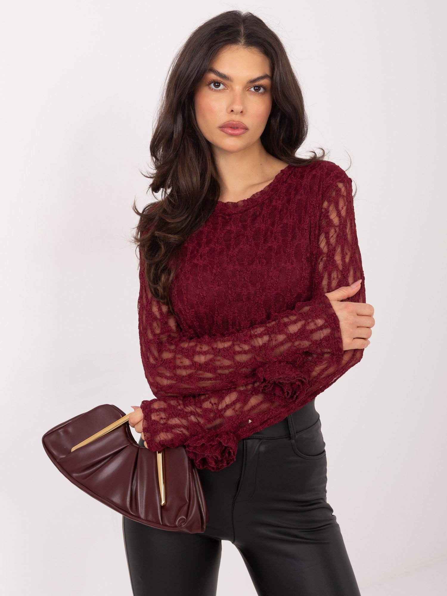 Puošni nėrinių palaidinė su dekoratyviomis gėlėmis ant rankogalių "ANDREA" bordo