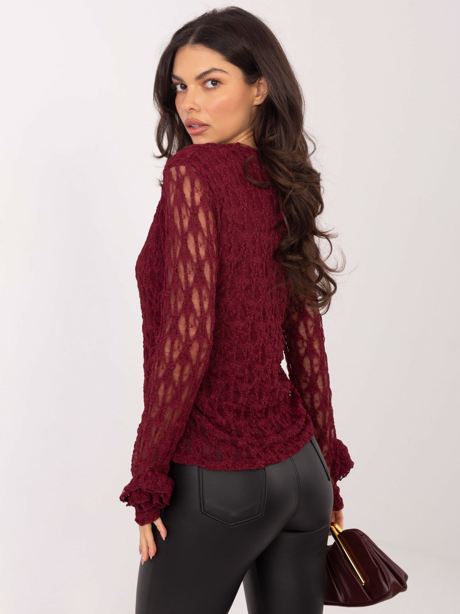 Puošni nėrinių palaidinė su dekoratyviomis gėlėmis ant rankogalių "ANDREA" bordo - Image 3