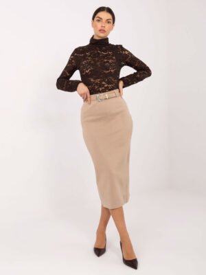 Megztas midi sijonas su diržu ir skeltuku nugaroje "RAFFINE" tamsi smėlio