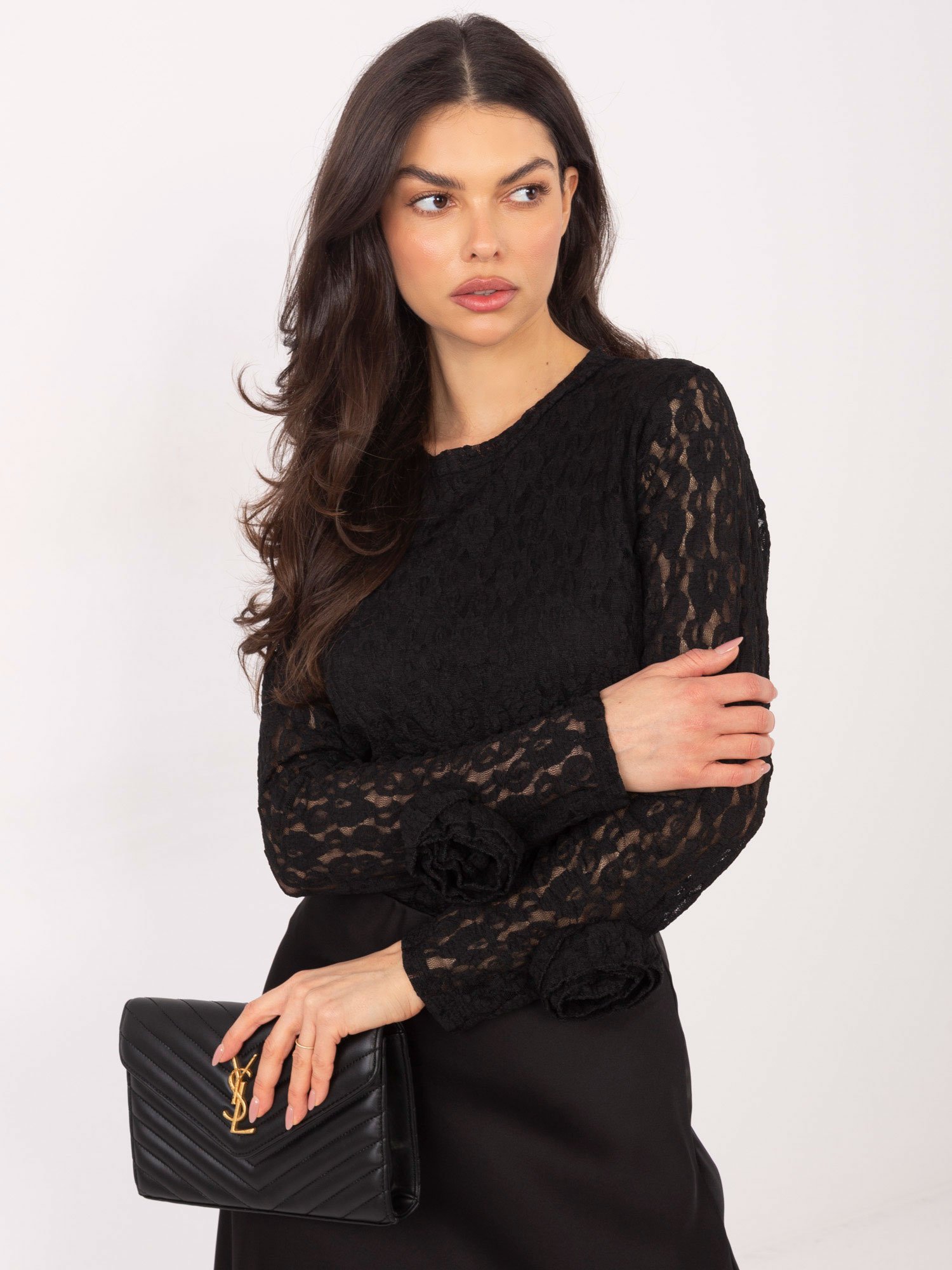 Puošni nėrinių palaidinė su dekoratyviomis gėlėmis ant rankogalių "ANDREA" juoda - Image 3