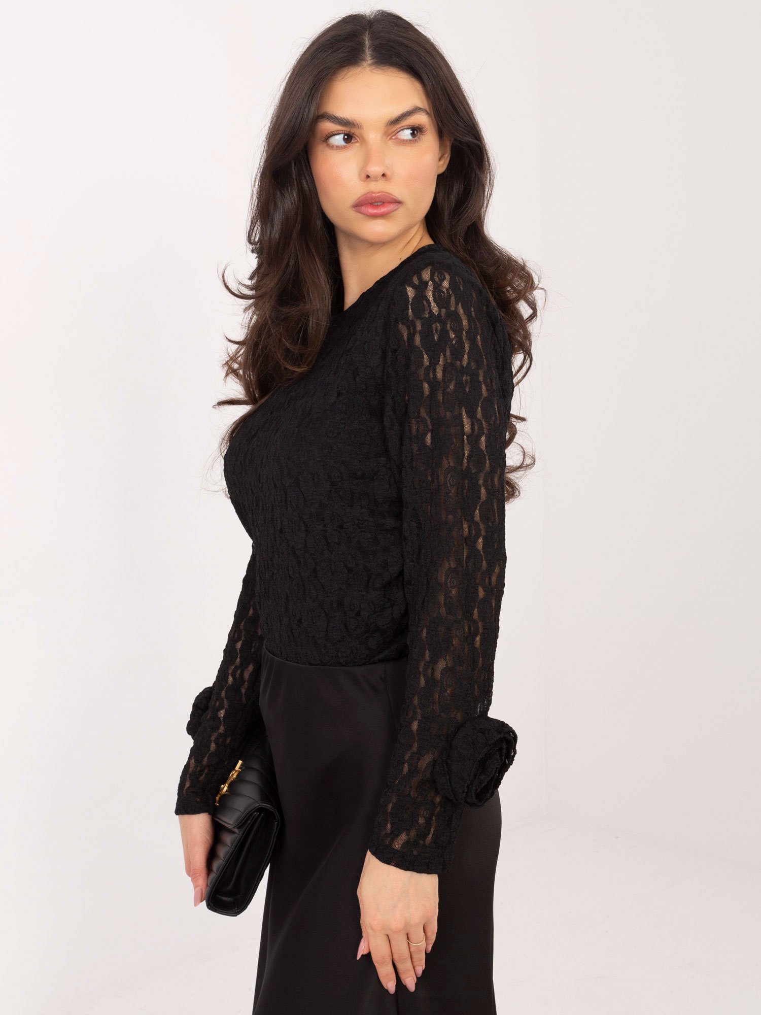 Puošni nėrinių palaidinė su dekoratyviomis gėlėmis ant rankogalių "ANDREA" juoda - Image 2