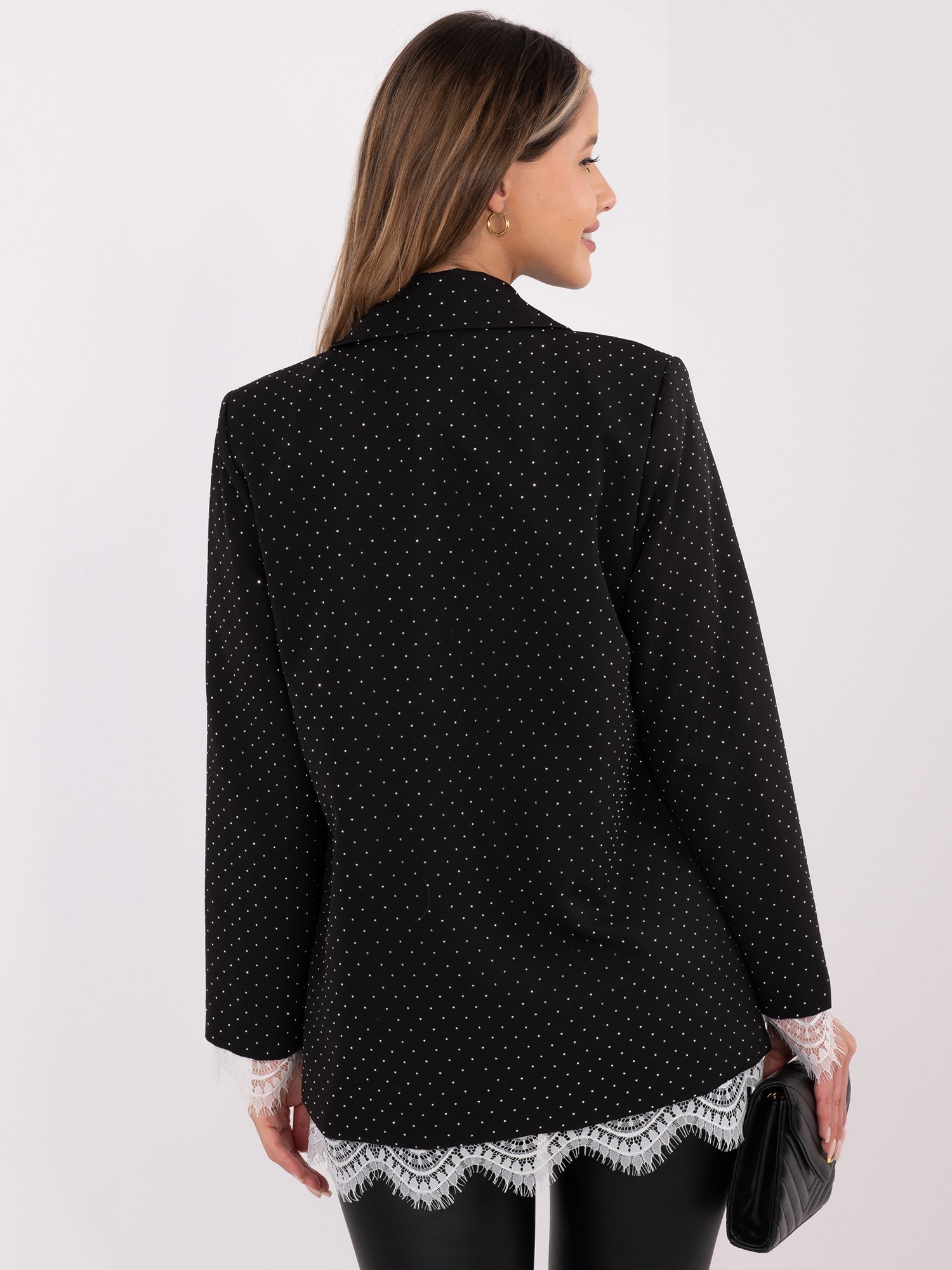 Puošnus švarkas su blizgančiais taškeliais ir nėrinių apdaila "MATI" juoda sidabrinė - Image 3