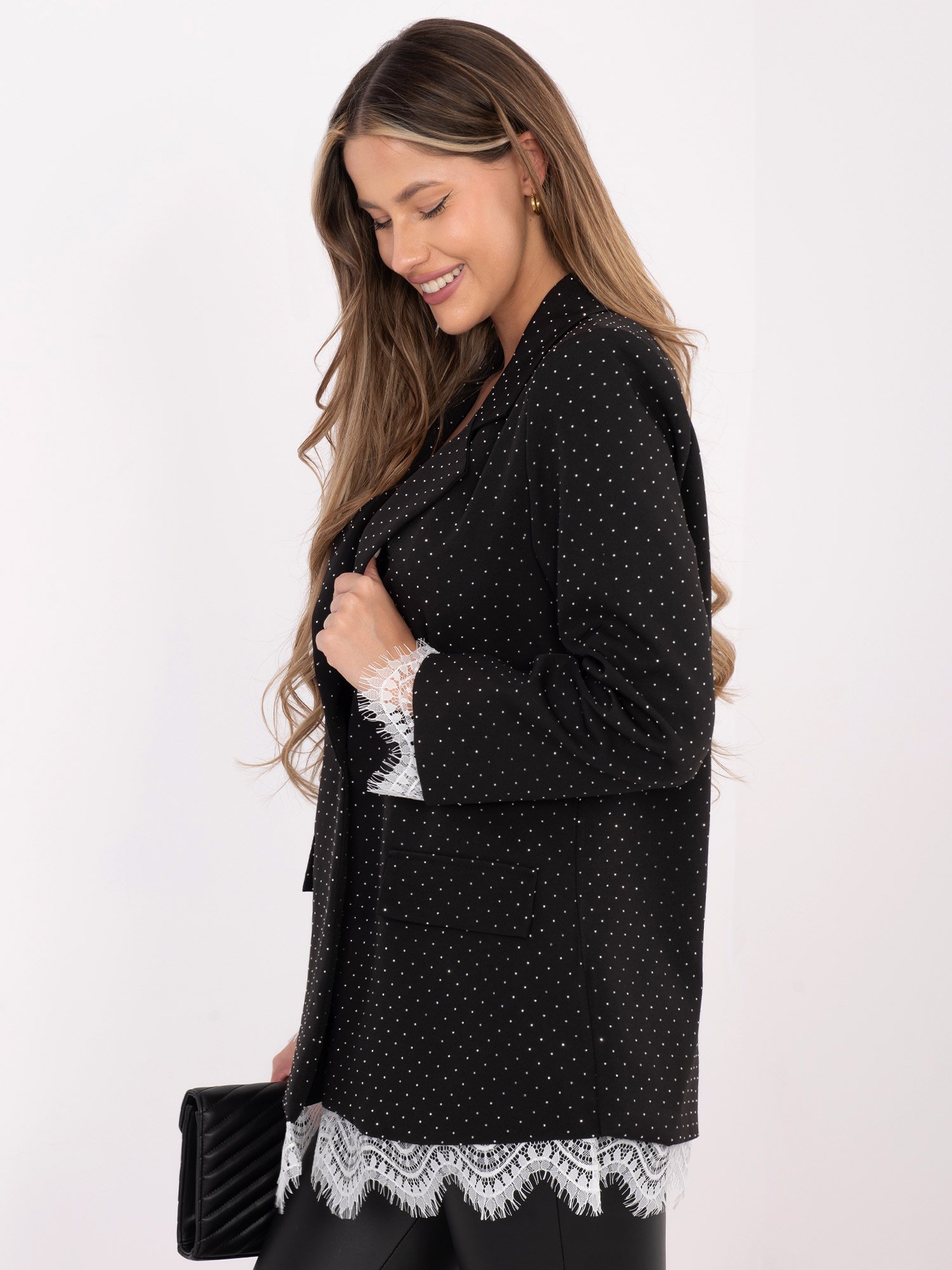 Puošnus švarkas su blizgančiais taškeliais ir nėrinių apdaila "MATI" juoda sidabrinė - Image 5