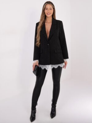 Puošnus švarkas su blizgančiais taškeliais ir nėrinių apdaila "MATI" juoda sidabrinė