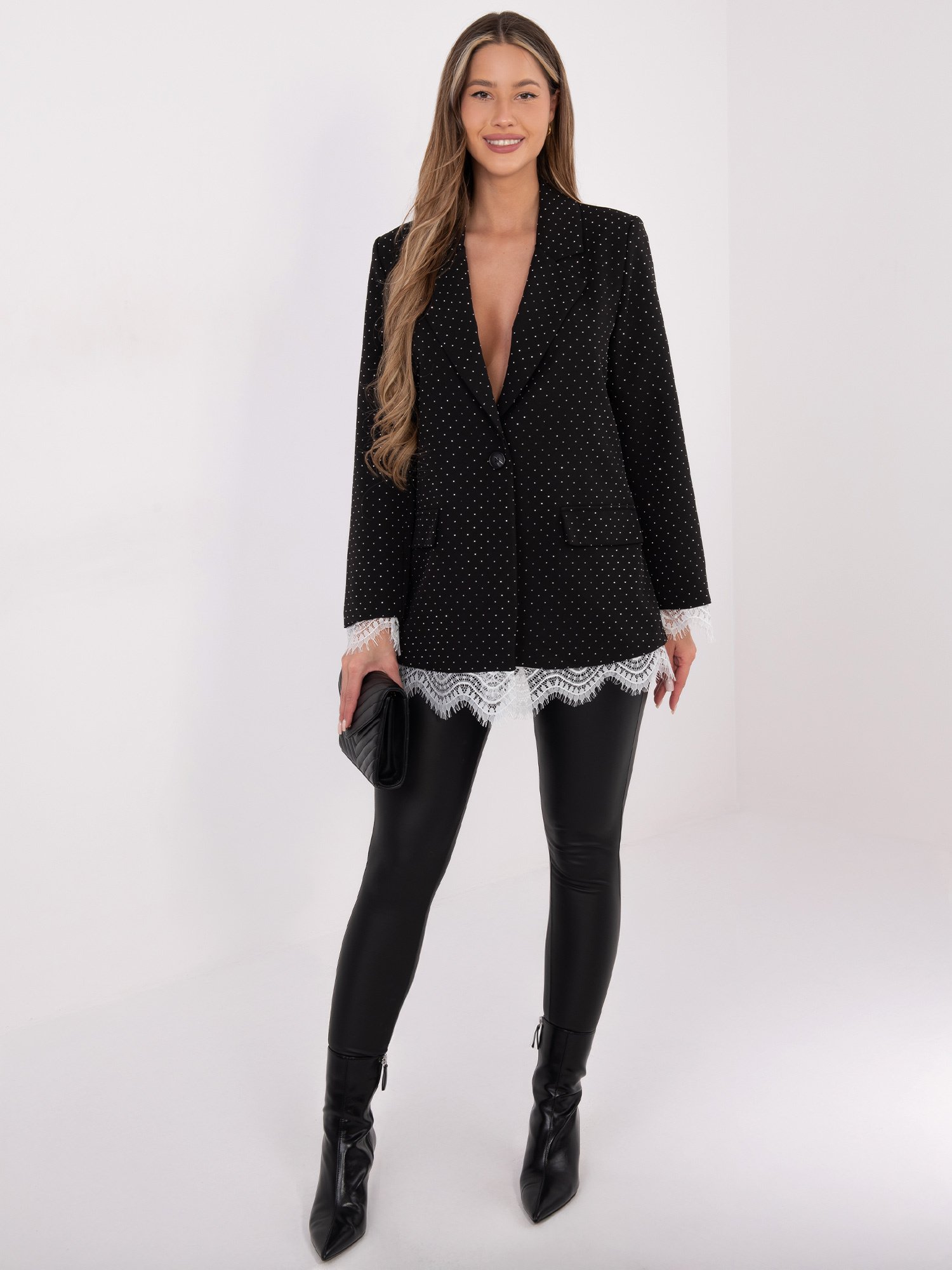 Puošnus švarkas su blizgančiais taškeliais ir nėrinių apdaila "MATI" juoda sidabrinė