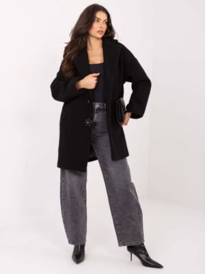 Tekstūrinio audinio paltas puoštas gėlių formos sagomis "CELESTA"  juoda