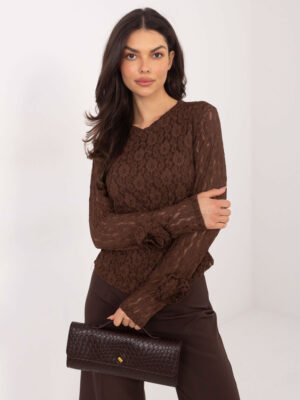 Puošni nėrinių palaidinė su dekoratyviomis gėlėmis ant rankogalių "ANDREA" ruda