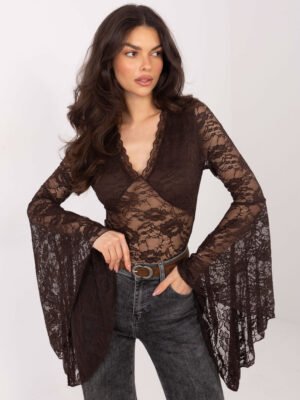 Alternative view of Nėrinių palaidinė su platėjančiomis rankovėmis "URSINA" tamsi ruda