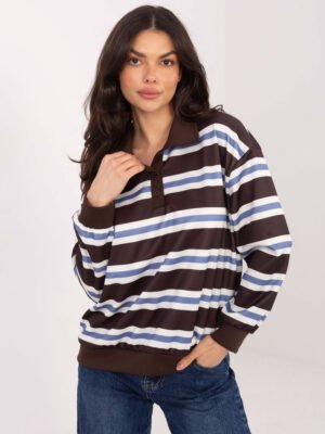 Oversize dryžuotas džemperis su polo stiliaus apykakle "CARLA" tamsi ruda