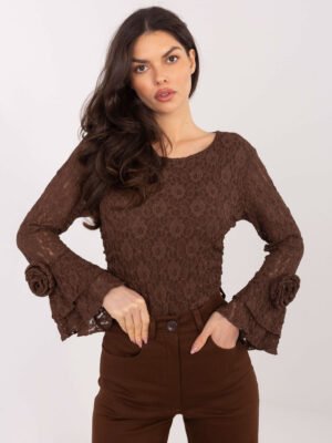 Nėrinių palaidinė su dekoratyvinėmis rožėmis ant varpelio formos rankogalių "JESSY" ruda