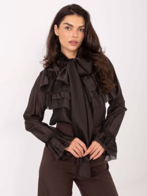 Švelniai permatomi marškiniai su raukiniais ir kaspinu "DIANA" tamsi ruda