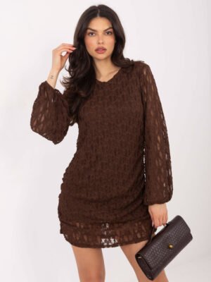 Kokteilinė nėrinių suknelė ilgomis permatomomis rankovėmis "AMBER" ruda