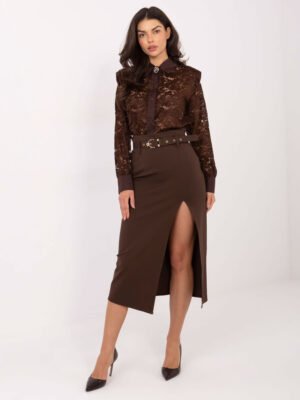 Alternative view of Puošnūs nėrinių marškiniai su klasikine apykakle ir sagų juosta "BRITA" ruda