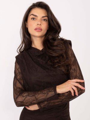 Alternative view of Nėrinių suknelė su permatomomis rankovėmis ir skeltuku "TAYA" tamsi ruda