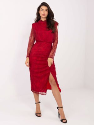 Alternative view of Nėrinių suknelė su  permatomomis rankovėmis ir skeltuku "TAYA" raudona