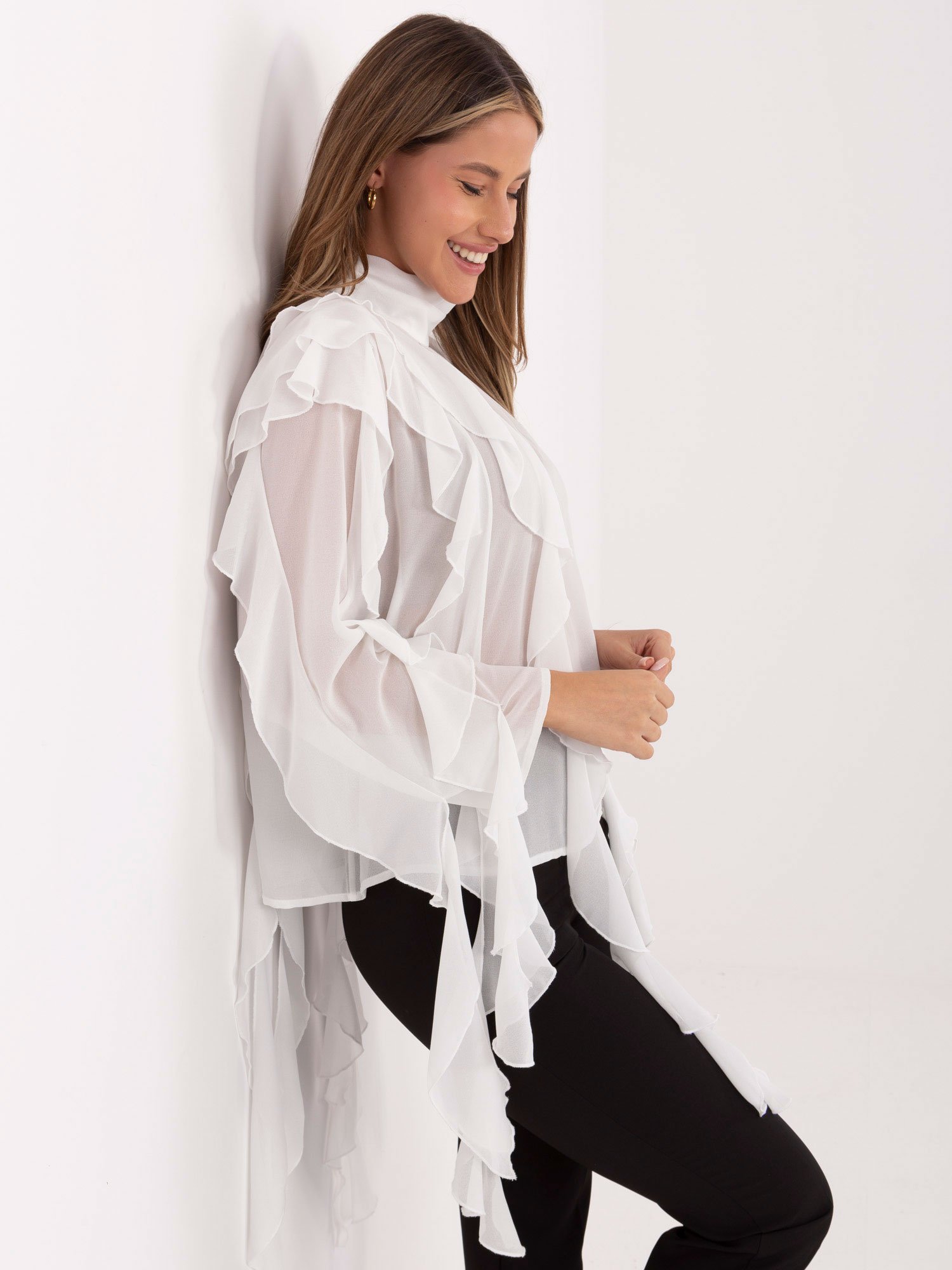 Išskirtinė palaidinė su ilgais plazdančiais raukiniais "CASCADE" pieno balta - Image 4