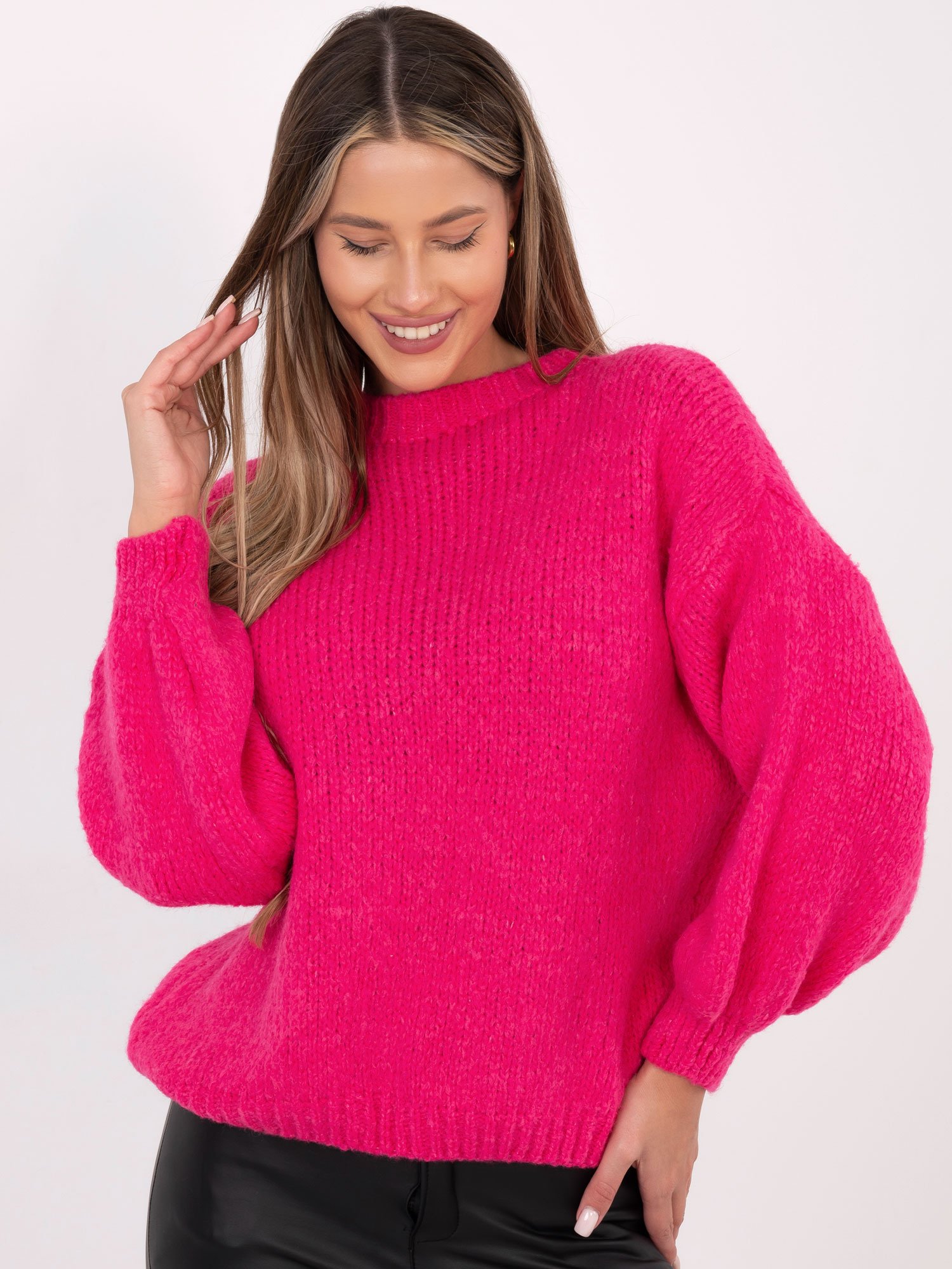 Oversize megztinis su vilna ir išraiškingomis pūstomis rankovėmis "TESSA" fuksija