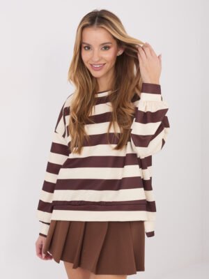 Dryžuotas džemperis pailginta nugara su aplikacija ant rankovės "ARYA" šviesi smėlio