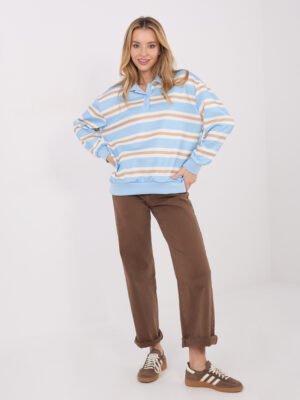 Oversize dryžuotas džemperis su polo stiliaus apykakle "CARLA" šviesi mėlyna