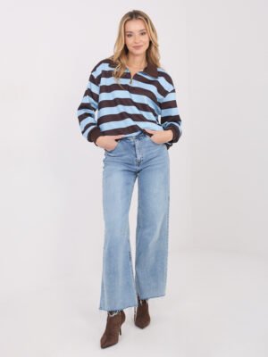 Oversize džemperis plačiomis juostomis su trumpu užtrauktuku "REMI" šviesi mėlyna