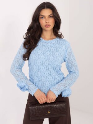 Puošni nėrinių palaidinė su dekoratyviomis gėlėmis ant rankogalių "ANDREA" šviesi mėlyna