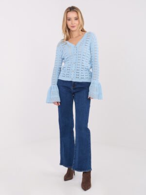 Užsegamas nėrinių megztukas su varpelio formos rankogaliais "NELLY" šviesi mėlyna