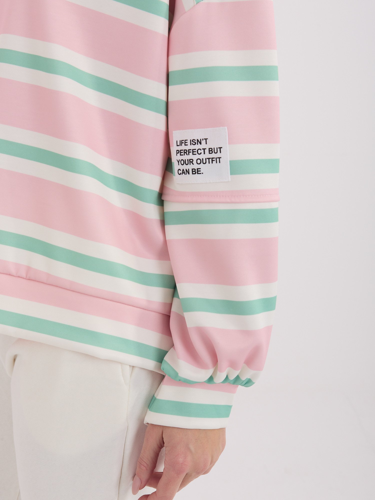 Dryžuotas laisvalaikio džemperis su pailginta nugara "NIKITA" šviesi rožinė - Image 5