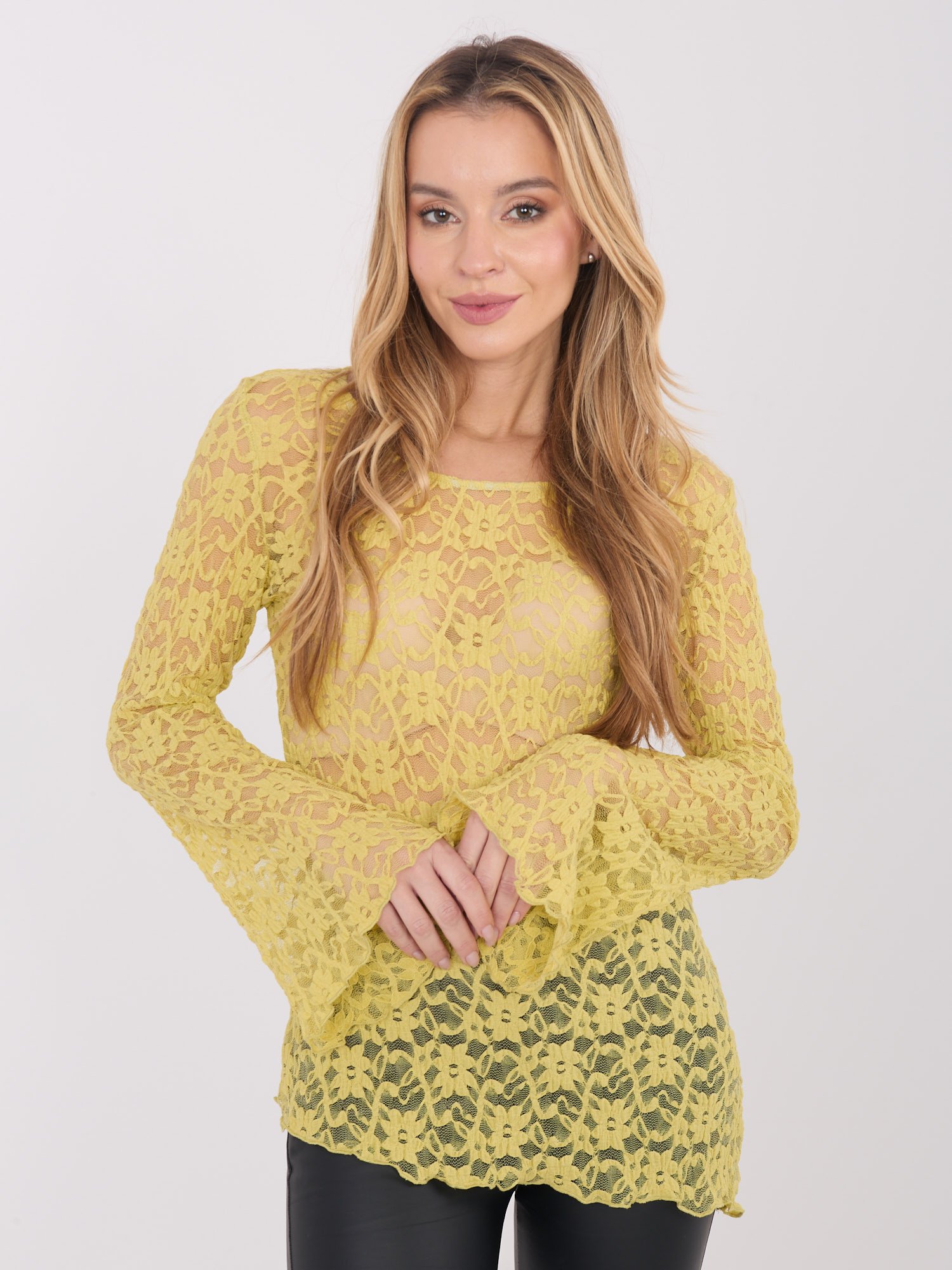 Permatoma nėrinių palaidinė su platėjančiomis rankovėmis "SARITA" citrinų - Image 2