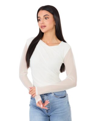 Alternative view of Sluoksniuoto dizaino bodis su tinklelio rankovėmis "ARLETTE" balta