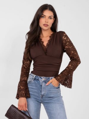 Bodis varpelio formos nėrinių rankovėmis "RENATA" ruda