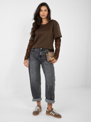 Palaidinė su sluoksniuotu nėrinių rankovių efektu " ODELIA" tamsi ruda