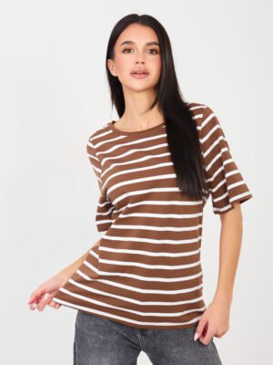 Dryžuoti medvilniniai marškinėliai trumpomis rankovėmis "ZINA" šviesi ruda