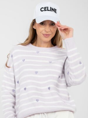 Oversize šiltas dryžuotas megztinis su širdelių motyvais "WINNY" šviesi violetinė