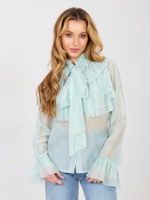 Alternative view of Švelniai permatomi marškiniai su raukiniais ir kaspinu "DIANA" mėtų