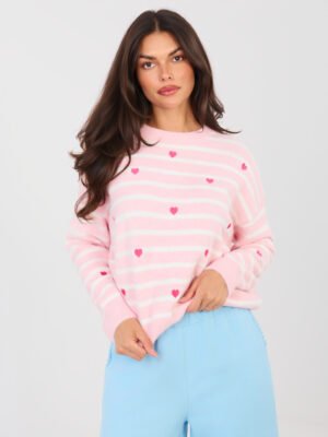 Oversize šiltas dryžuotas megztinis su širdelių motyvais "WINNY" šviesi rožinė