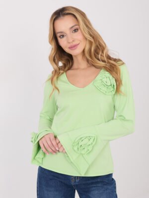 Palaidine varpelio formos rankovėmis puošta dekoratyvinėmis gėlėmis "IZAURA" šviesi žalia