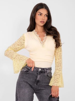 Bodis varpelio formos nėrinių rankovėmis "RENATA" šviesi geltona