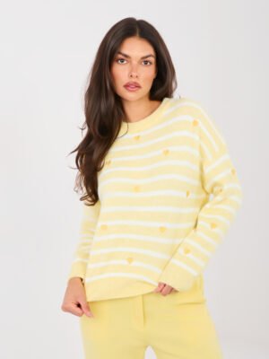 Oversize šiltas dryžuotas megztinis su širdelių motyvais "WINNY" šviesi geltona