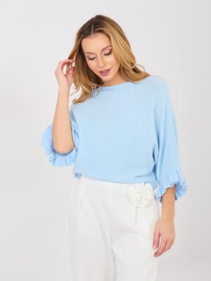 Megztinis su alpakos vilna ir 3/4 kimono tipo rankovėmis "Laila" šviesi mėlyna