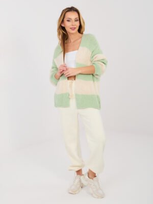 Oversize kardiganas su vilna ir horizontalių juostų raštu "SHARON" šviesi žalia