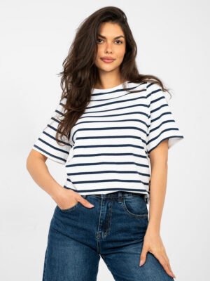 Dryžuoti medvilniniai marškinėliai trumpomis rankovėmis "ZINA" balta mėlyna