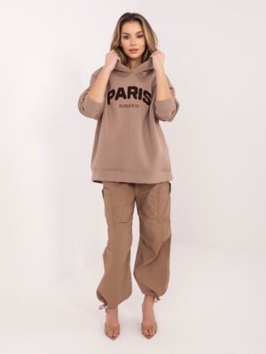 Oversize džemperis su užrašu ir gobtuvu "PARY" tamsi smėlio