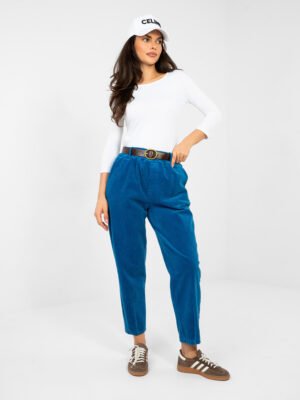 Modernios trumpintos velvetinės kelnės su diržu "BROOKE" tamsi mėlyna