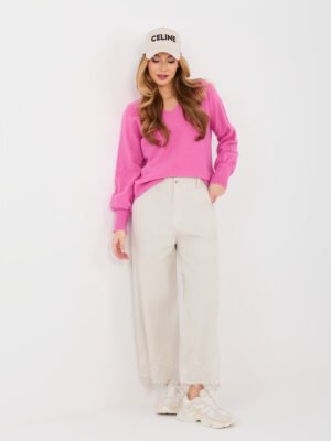 Plačios džinsinės kelnės su nėrinių apdaila "CORDY" šviesi smėlio