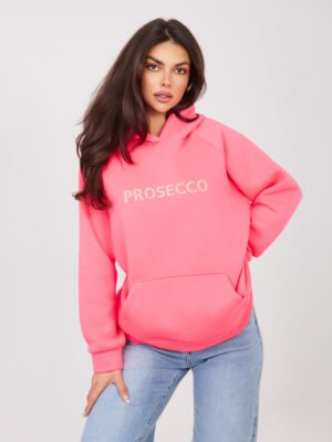 Šiltas dzemperis su kengūros kišene ir užrašu “PROSECCO” fluo rožinė